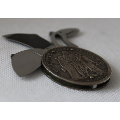 42 - 1849 French 5 Francs Coin - Turned Penknife Tool with Scissors and File