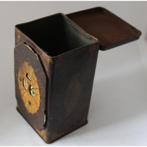 44 - Vintage Tea Caddy with Calendar Wheel on Front. Stands 13cm tall by 7.5cm wide approx