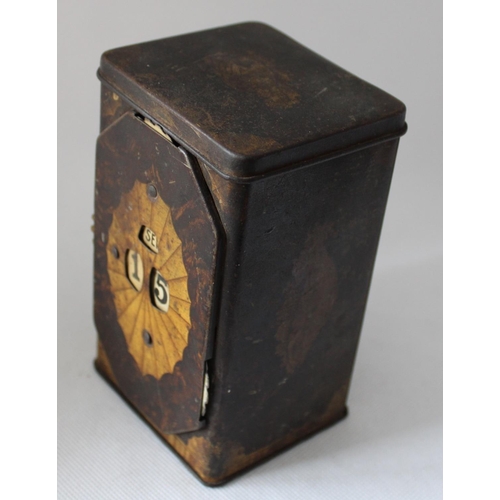 44 - Vintage Tea Caddy with Calendar Wheel on Front. Stands 13cm tall by 7.5cm wide approx