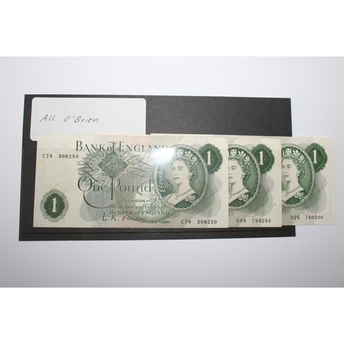 120 - 3 x 1 Pound Notes Cashier O'Brien