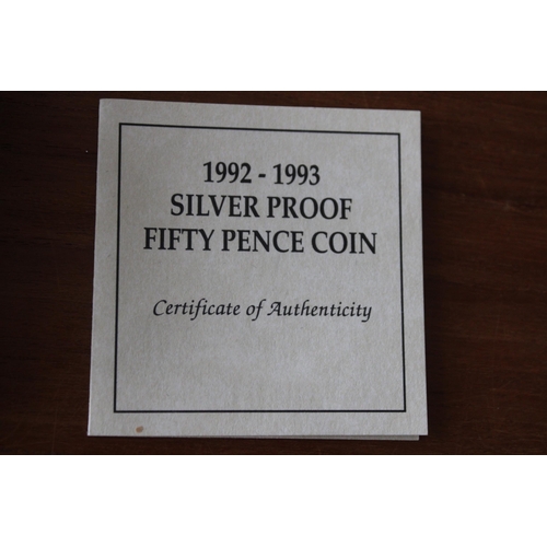 199 - The Royal Mint 1992-1993 Silver Proof Fifty Pence Coin. Weight-13.50g. With Certificate Of Authentic... 