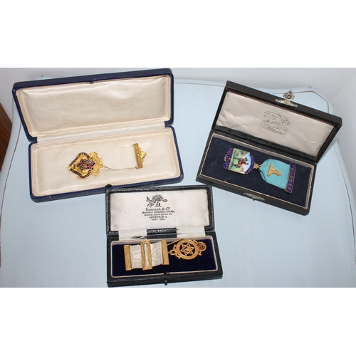 51 - 3 x Boxed Masonic Medals. One with Hunting Enamel.