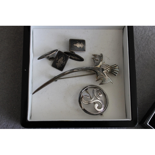 547 - Three Silver Brooches (One Boxed) & Pair Of Sterling Silver Cufflinks