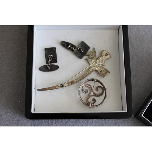 547 - Three Silver Brooches (One Boxed) & Pair Of Sterling Silver Cufflinks