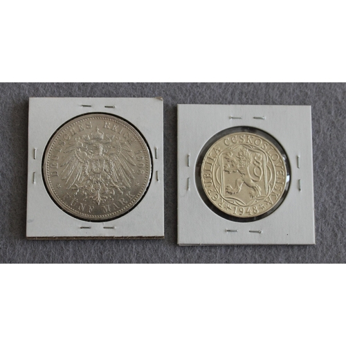 425 - 1948 Czechoslovakia 100 Korun Coin & 1908 Prussia 5 Mark Coin