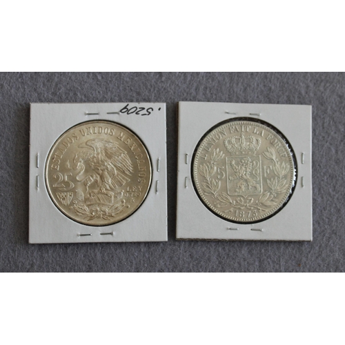 426 - 1873 Belgium 5 Francs Coin & 1968 Mexico 25 Pesos Coin