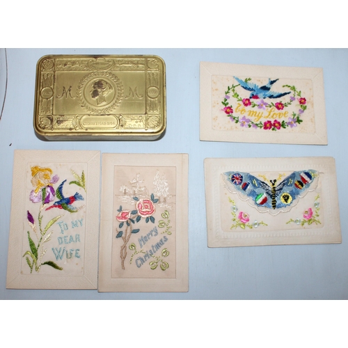 128 - 1914 Christmas Tin ( Empty) with 4 Embroidered Postcards