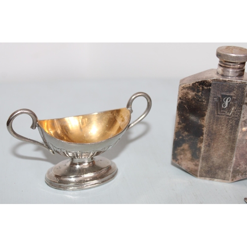 582 - Silver Plated Hip Flask & Cup + Other Pieces