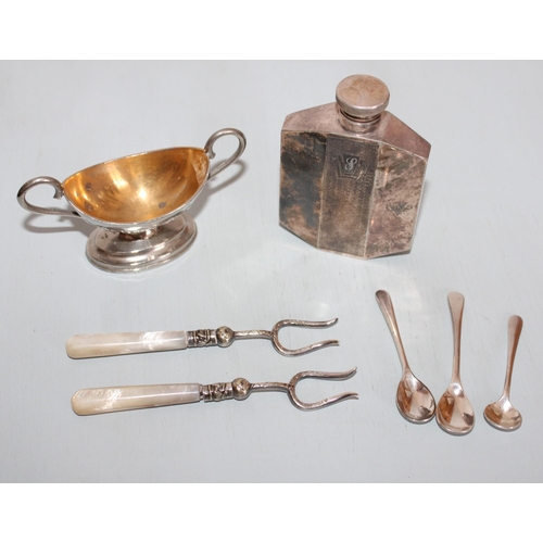 582 - Silver Plated Hip Flask & Cup + Other Pieces