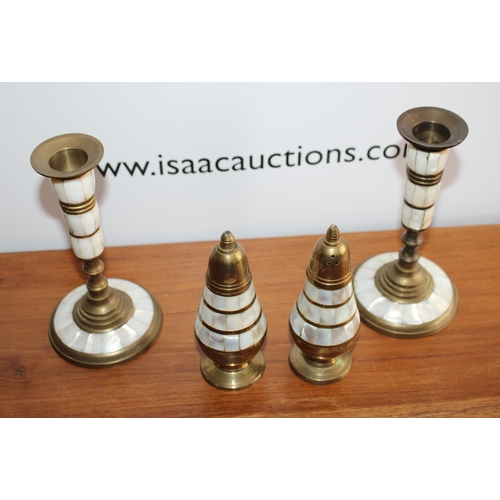 97 - Pair Of Brass & Mother Of Pearl Candle Sticks & Matching Salt & Pepper Shakers 
Made In India
Candle... 