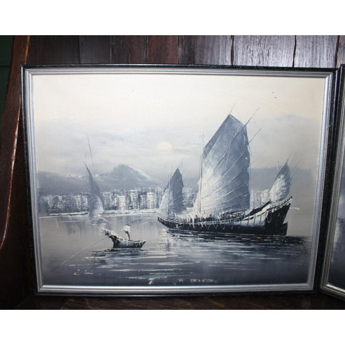 723 - Two Oil On Canvas Hong Kong Harbor Scenes
Height-34.5 Width-47.5cm
Height-34cm Width-44cm