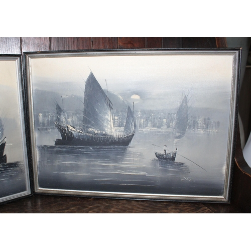 723 - Two Oil On Canvas Hong Kong Harbor Scenes
Height-34.5 Width-47.5cm
Height-34cm Width-44cm