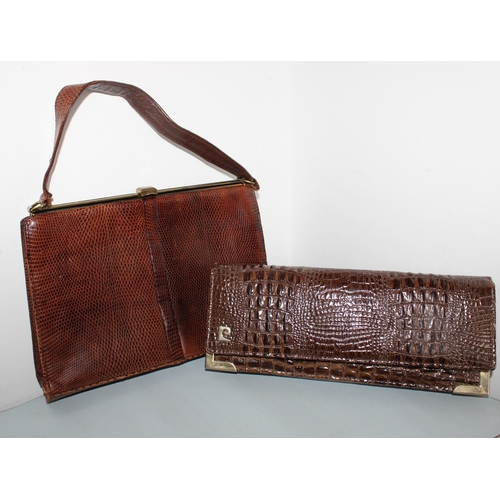 766 - Pierre Cardin Vintage Brown Crocodile Skin Ladies Purse & Vintage Lizard Handbag 1950's, Early 1960'... 