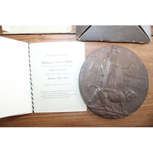 141 - Family WWI Death Plaque and Medal Grouping. Two Brothers Rifleman Albert Wells of the 17th County of... 