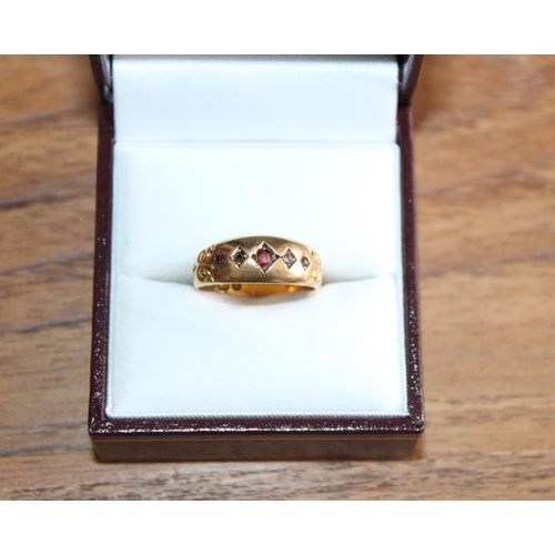 657 - 18ct Gold Five Stone Gypsy Band Ring 
Ruby & Diamond
One Diamond Missing
Size-L
Total Weight 3.0gms
... 