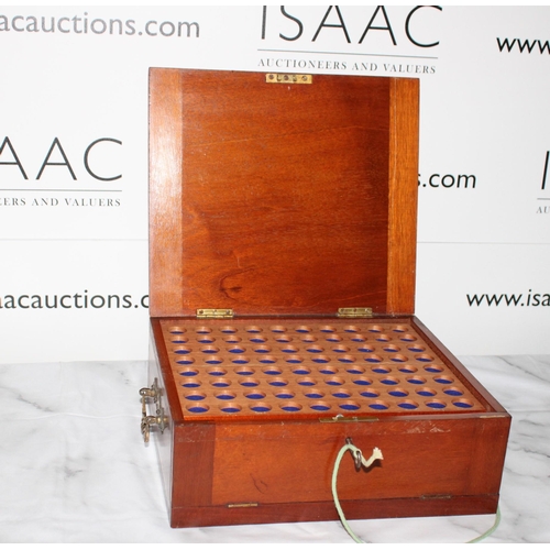 282 - Wooden Collectors Coin Case with Key. 

Includes 6 trays of various coin sizes

Lid has slight damag... 