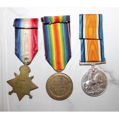 82 - WWI 1914-15 Trio of Medals - Corbyn -13TH HUSSARS

5577 PTE.W.G.CORBYN. 13TH HRS.