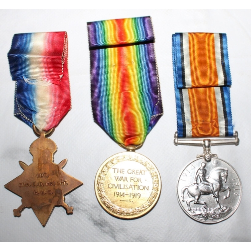 96 - WWI 1914-15 Star Trio of Medals - Wright - H.A.C.

887 GNR.E.D..WRIGHT. H.A.C.