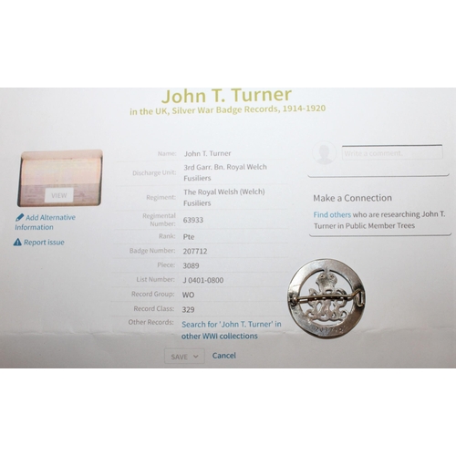 200 - John. T. Turner No 207712 , Silver War Badge  Records, 1914-1920 & Other