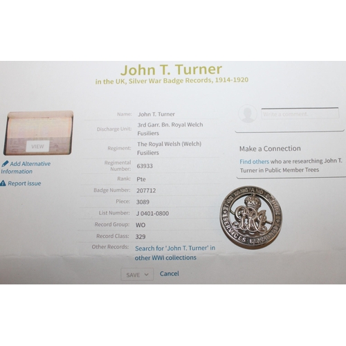 200 - John. T. Turner No 207712 , Silver War Badge  Records, 1914-1920 & Other