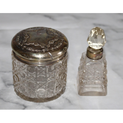 256 - One Silver Hallmarked Rimmed Glass Perfume Container 9cm & One Glass Container With Silver Hallmarke... 