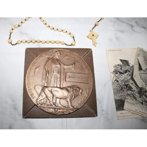 169 - Death Penny With Rosary & Two Handwritten Post Cards