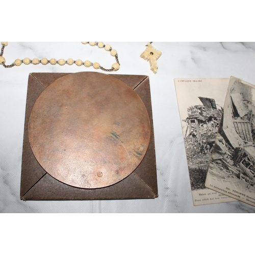 169 - Death Penny With Rosary & Two Handwritten Post Cards