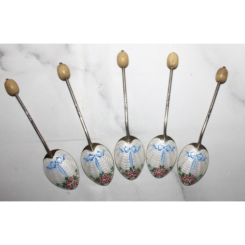 361 - Five Silver Hallmarked Enamelled Bean Spoons