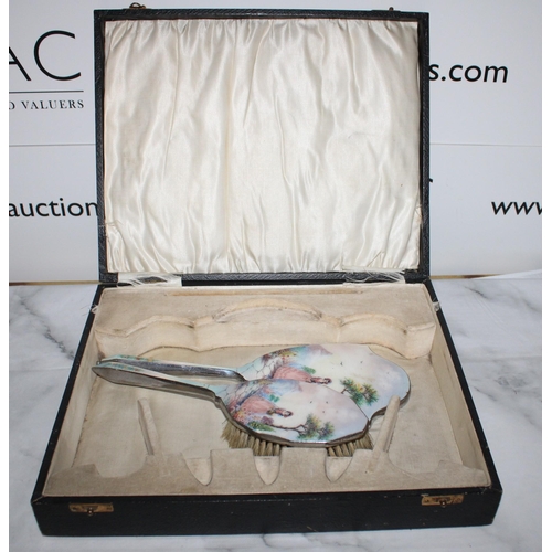 43 - Enamelled Brush & Mirror In Box