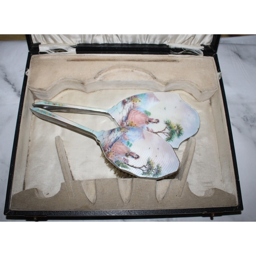 43 - Enamelled Brush & Mirror In Box