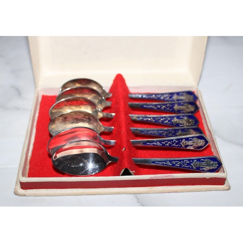 366 - White Metal Indian Enamelled Spoon Set In Box