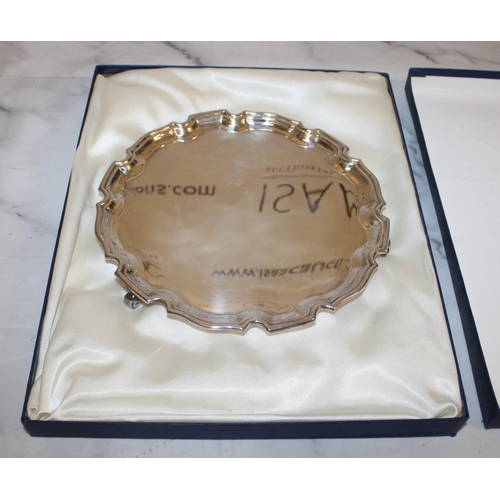 477 - Silver Hallmarked Plate on Feet in Box

20.5cm Diameter

Weighs 290 gms