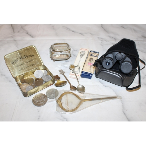 106 - Mixed Collectable Items Inc-
Coins/Tin/Spoons/Glass Box/Stainless Steel Points/Nikon Sprint III Bino... 