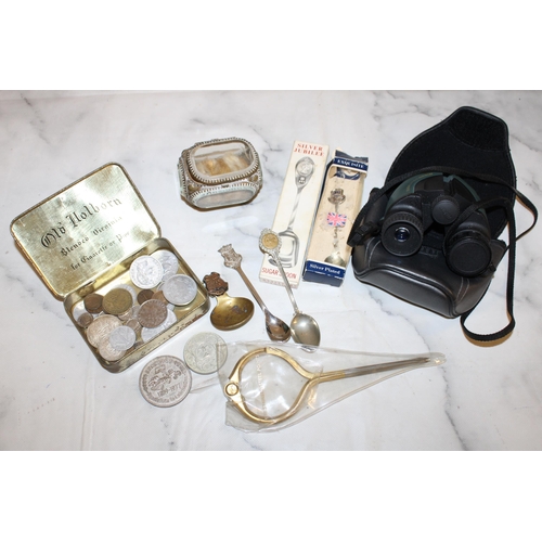 106 - Mixed Collectable Items Inc-
Coins/Tin/Spoons/Glass Box/Stainless Steel Points/Nikon Sprint III Bino... 