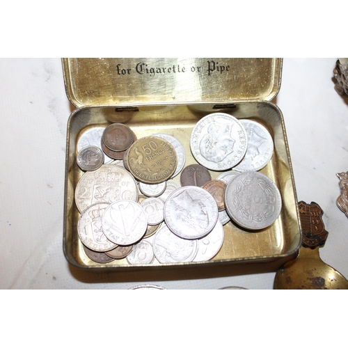 106 - Mixed Collectable Items Inc-
Coins/Tin/Spoons/Glass Box/Stainless Steel Points/Nikon Sprint III Bino... 