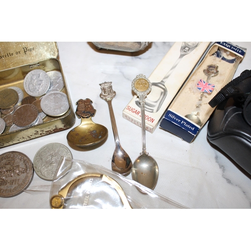 106 - Mixed Collectable Items Inc-
Coins/Tin/Spoons/Glass Box/Stainless Steel Points/Nikon Sprint III Bino... 