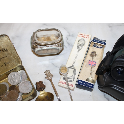 106 - Mixed Collectable Items Inc-
Coins/Tin/Spoons/Glass Box/Stainless Steel Points/Nikon Sprint III Bino... 