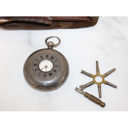 312 - Silver Hallmarked Pocket Watch With Keys & In Leather Pouch
Untested
