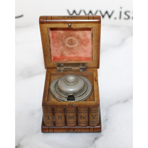 138 - Carved Wooden Bookcase Ink Well Height-4cm