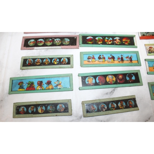 10 - Miniature Glass Lantern Slides featuring Snow White and Micky Mouse plus others