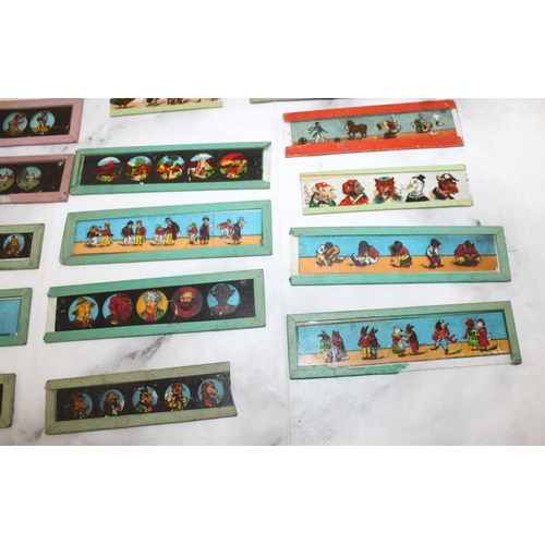 10 - Miniature Glass Lantern Slides featuring Snow White and Micky Mouse plus others