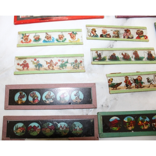 10 - Miniature Glass Lantern Slides featuring Snow White and Micky Mouse plus others