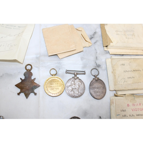 514 - WWI Medal Grouping of 4 - SJT S B WATSON . Scottish Horse

Includes WWI Trio of Medals along with Te... 