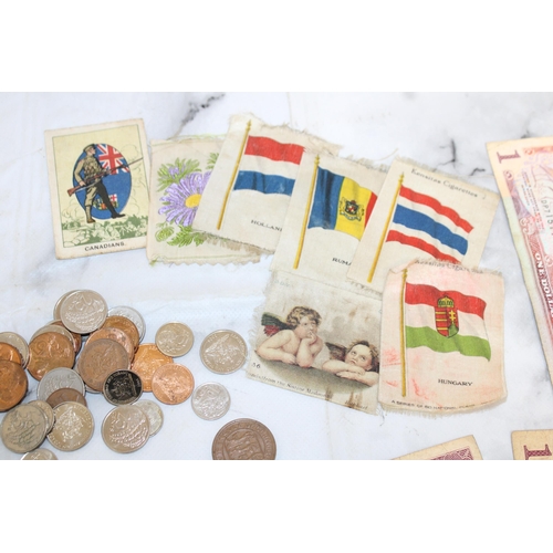 523 - Mixed Coinage/Notes/Silks/Cigarette Card