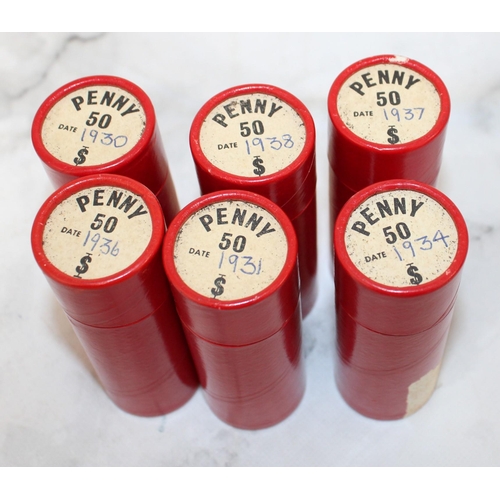 585 - Old Penny Coins In Red Collectable Tubes