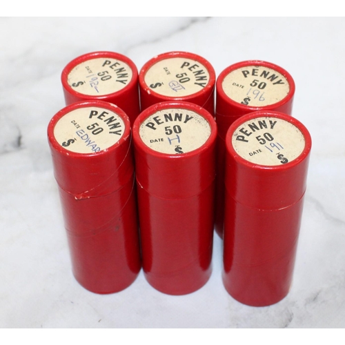 586 - Old Penny Coins In Red Collectable Tubes