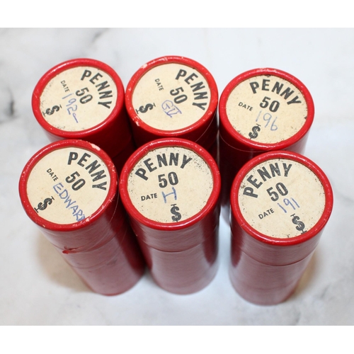 586 - Old Penny Coins In Red Collectable Tubes