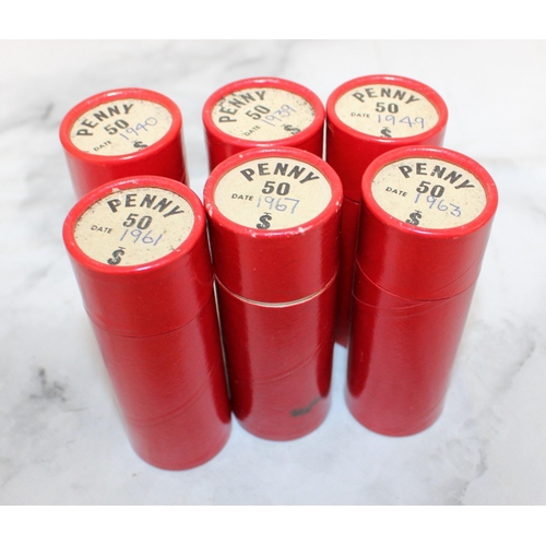 587 - Old Penny Coins In Red Collectable Tubes