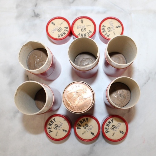 587 - Old Penny Coins In Red Collectable Tubes