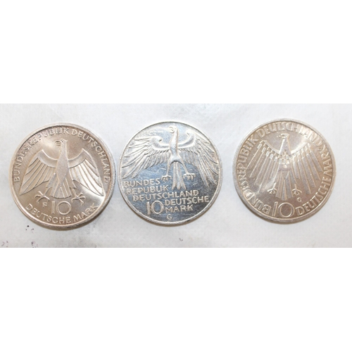 555 - Three 1972 German 10 Deutsche Mark Coins